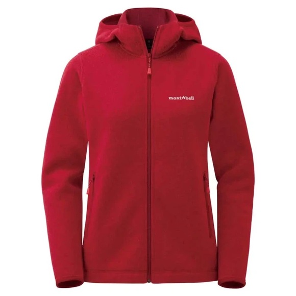 Montbell cherry red fleece hooded full zip jacket L - Picture 1 of 11